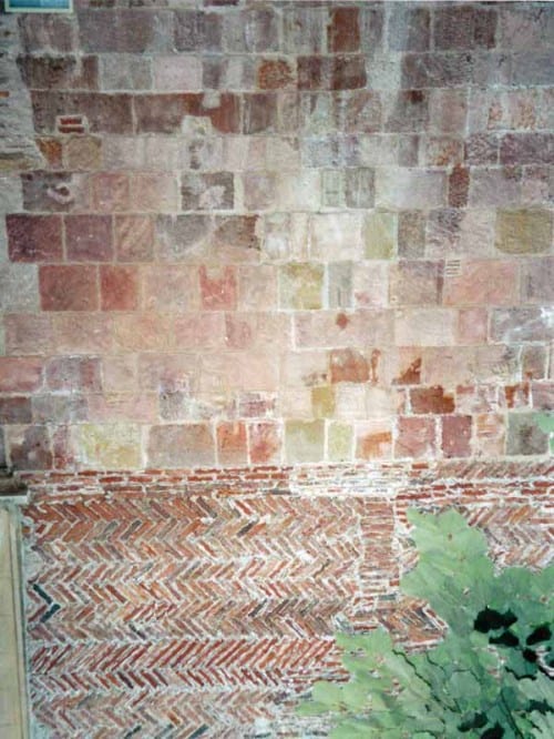 Walking in France: 10th century brickwork on the church at Lescar
