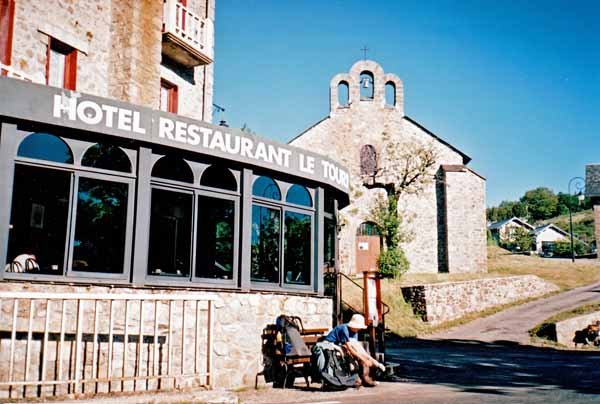 Walking in France: Arriving at our hotel at l'Espérou with the 'Culte Protestante' chapel behind