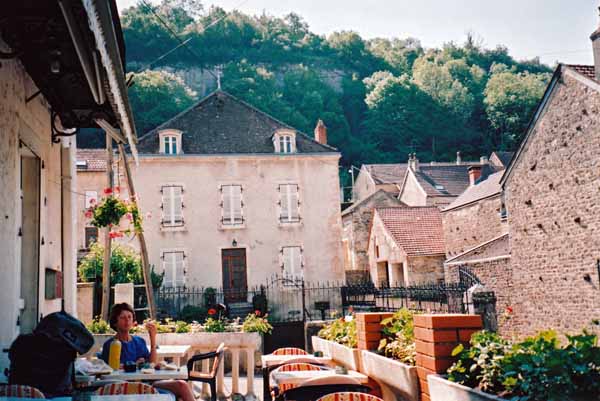 Walking in France: Bread, cheese and sausage on the hotel terrace, Saint-Romain