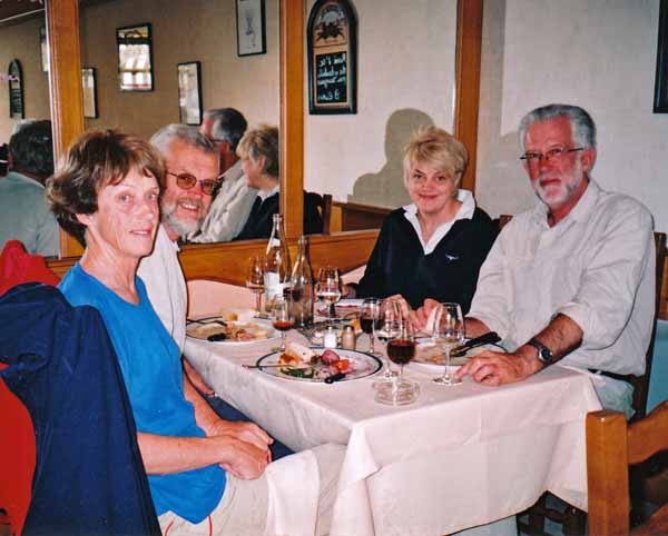 Walking in France: Jenny, Keith, Sue and Max dining in Meursault