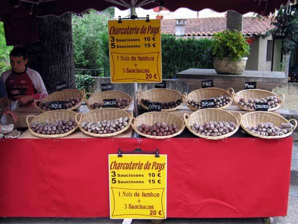 Walking in France: The sausage stall at the night market, Creysse