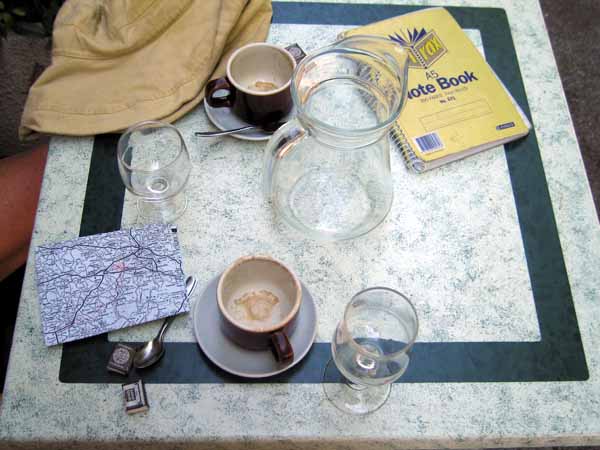 Walking in France: Coffees, a jug of cold water, our diary and the inadequate map