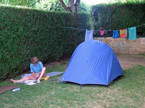 Walking in France: Trying to keep out of the sun at the camping ground