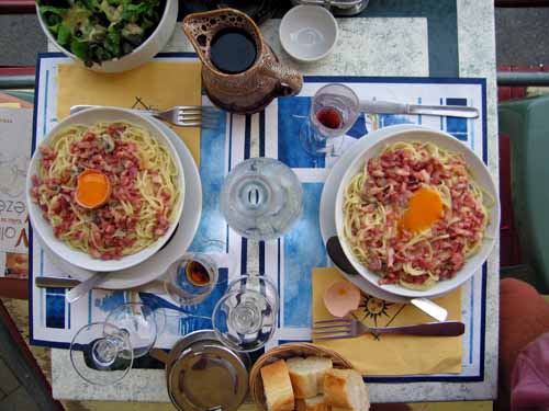 Walking in France: Two pasta carbonaras for dinner