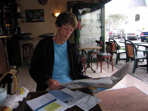 Walking in France: Morning coffee and croissants with the local paper in Bléré
