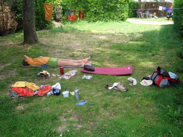 Walking in France: Relaxing on arrival at the camping ground, Autun