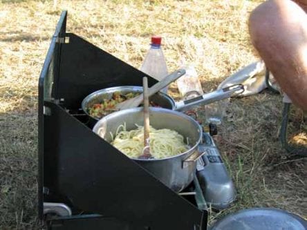 Walking in France: Pasta cooking on our neighbour's portable stove