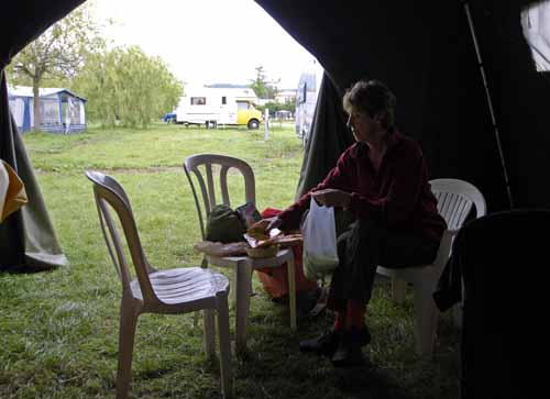 Walking in France: Preparing lunch in our enormous second tent