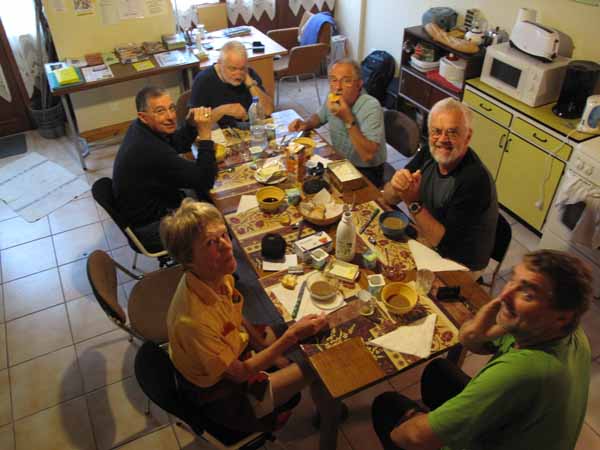 Walking in France: Gîte breakfast with our fellow walkers and the resident guardians