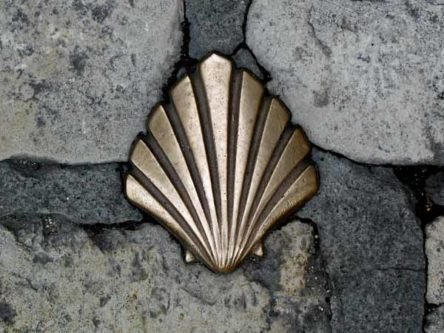 Walking in France: Pilgrim marker on the footpath, Périgueux