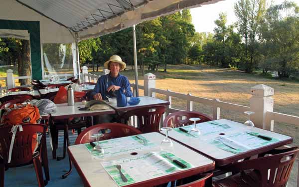 Walking in France: Breakfast at the snack bar overlooking the Cher, Vierzon camping ground