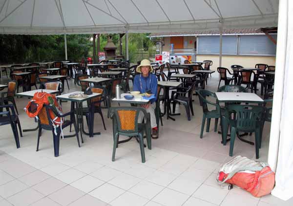 Walking in France: Breakfast in the deserted outdoor restaurant, Saint-Aignan camping ground