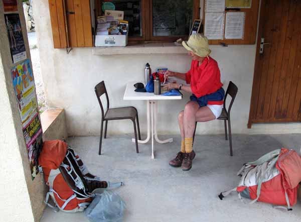 Walking in France: Breakfast outside the camping ground office, Montbrun-les-Bains