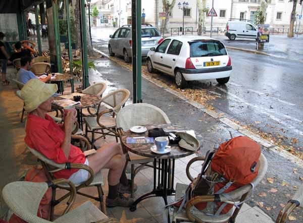 Walking in France: An early morning coffee out of the rain