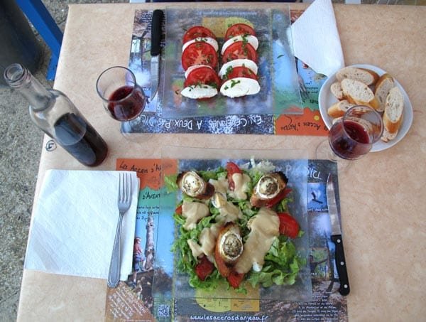 Walking in France: Our first course of two salads: a tomato and mozzarella, and a classic chèvre chaud