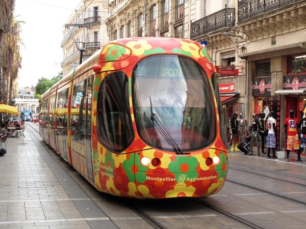 Walking in France: One of Montpellier's gaudy serpentine trams