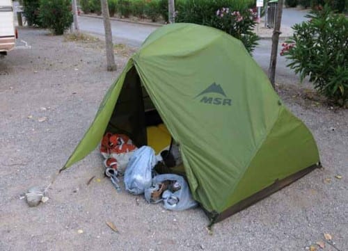 Walking in France: Our tent held down by stones