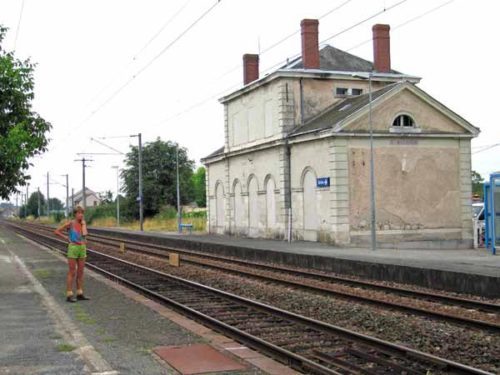Walking in France: Waiting to re-enter the world of wheeled transport, the railway station at Saint-Mathurin