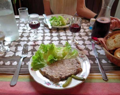 Walking in France: A slab of terrine, with salad and gherkins to start our meal at le Soleil d’Or