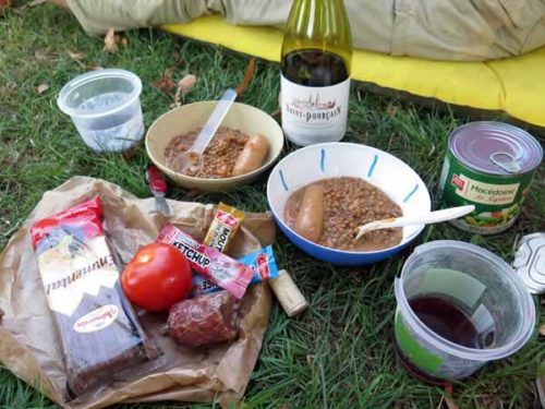 Walking in France: First course of our picnic, sausisses-lentilles