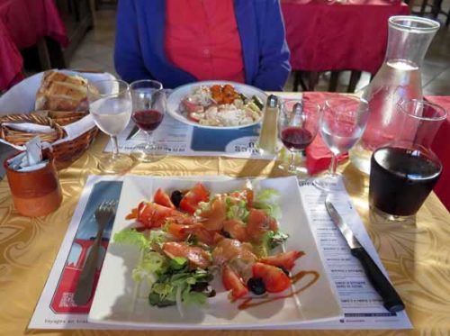 Walking in France: Our first courses; smoked salmon salad, and crudities from the buffet 