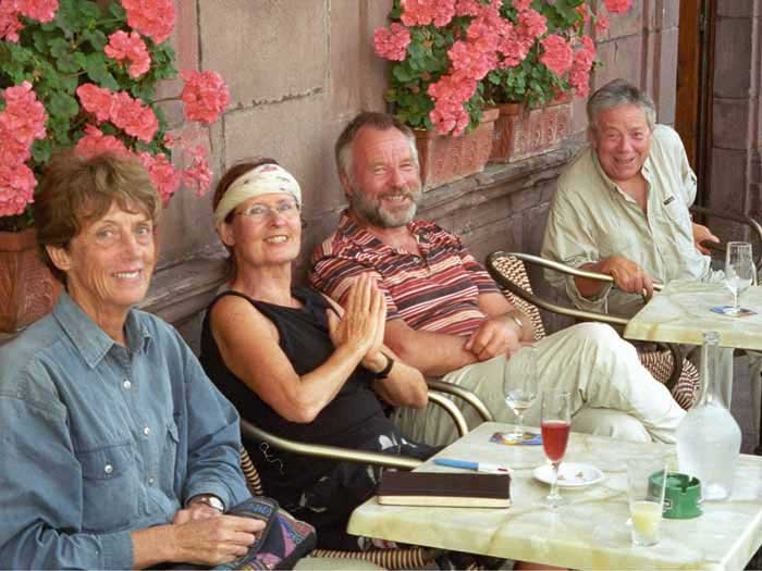 Walking in France: Farewell drinks at the Grand Hotel - Jenny with Ulli, Hans and Jean-Marie