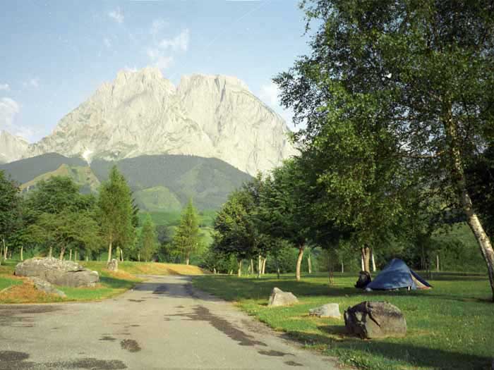 Walking in France: From the camping ground, our one fleeting view of the Pic d'Anie and the Cirque of Lescun