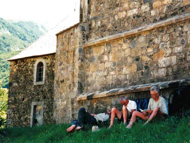 Walking in France: Nigel, David and Keith waiting for the bar to open, Saint-Engrace