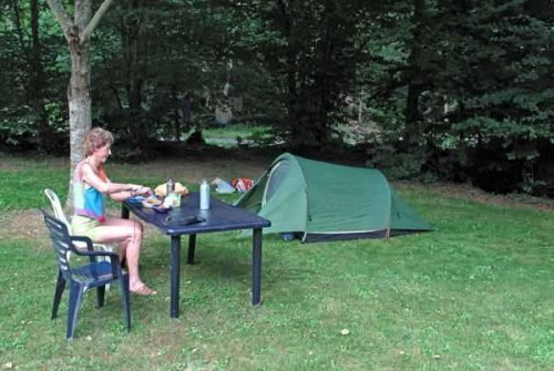 Walking in France: Preparing dinner next to our new tent, Le Saillant