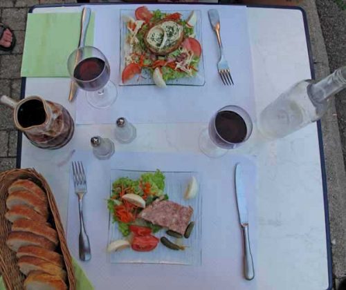 Walking in France: Our starters, terrine and a salad of chèvre chaud