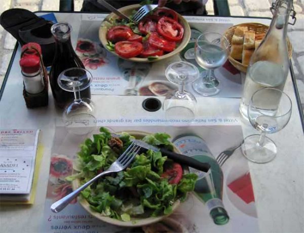 Walking in France: Tomato salad and a nut salad entrées