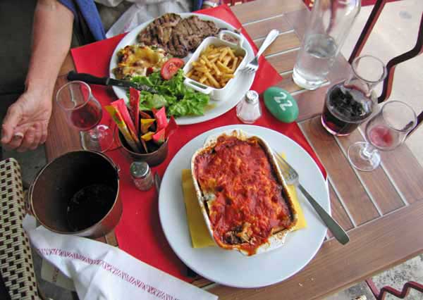 Walking in France: Dinner, with Keith's formidable lasagne nearest