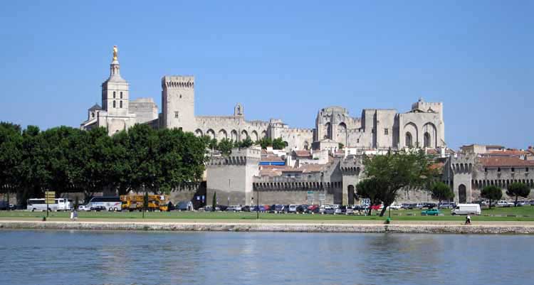 Walking in France: Palace of the Popes from the camping across the Rhône