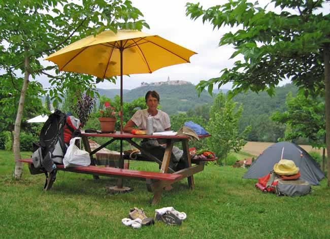 Walking in France: Lunch at the Laval camping ground with Puycelci in the far distance