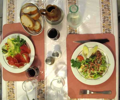 Walking in France: Our second courses for dinner, salads with meat