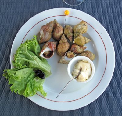 Walking in France: First course of sea snails with a pot of aïoli