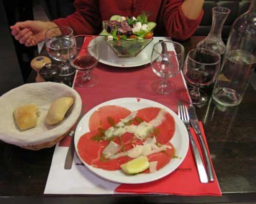 Walking in France: Starters at the wonderful Hippo; a salade crétoise and a dish of carpaccio