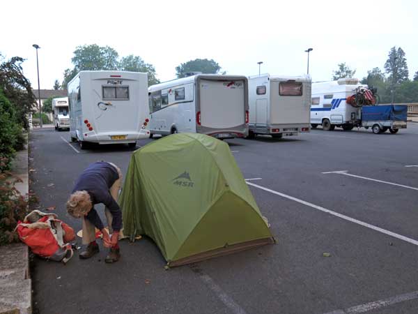 Walking in France: Setting up camp amongst some enormous campervans