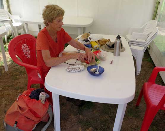 Walking in France: Lunch in a gazebo at the camping ground, les Ormes