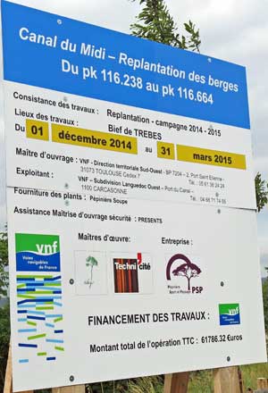 Walking in France: Tree replanting program notice, Canal du Midi