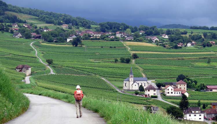 Walking in France: Descending to Jongieux, with a threatening weather ahead