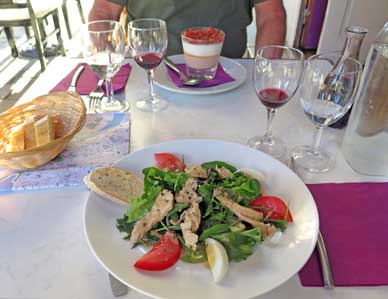 Walking in France: Two cold dishes to start – panna cotta with a topping of chopped tomato, and a salad with hard-boiled eggs and soft cheese