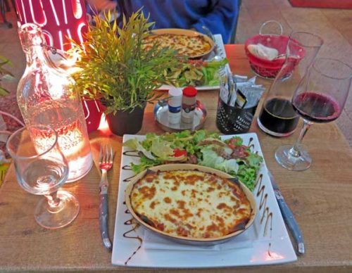 Walking in France: Lasagne and local red for dinner