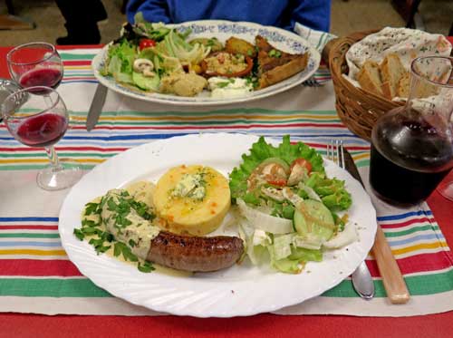Walking in France: The plat du jour: beef sausage with mustard sauce, a vegetable purée and salad