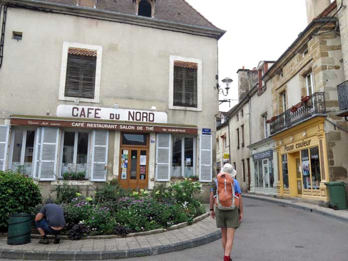 Walking in France: Confidently striding off in the wrong direction past the splendid Café du Nord, Arnay-le-Duc