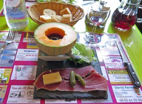 Walking in France: Entrées; for Keith, ham and melon, with gherkins and a great slab of butter