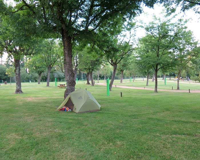Walking in France: One hundred pitches, excellent sanitaires, beautiful grounds, and us, in the Puy-Guillaume camping ground