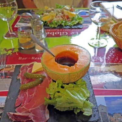 Walking in France: First course at the Globe - wine-filled melon with ham and gherkins