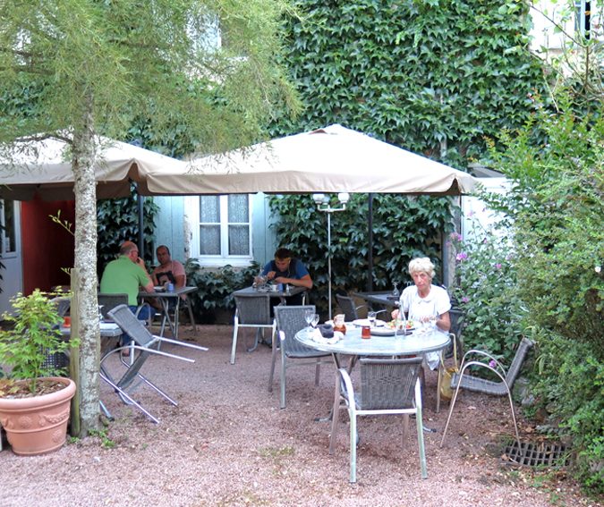 Walking in France: Dinner in the garden of our hotel, just below our window