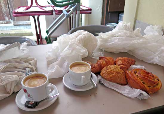 Walking in France: Still life with rain capes, a gougère and other pastries